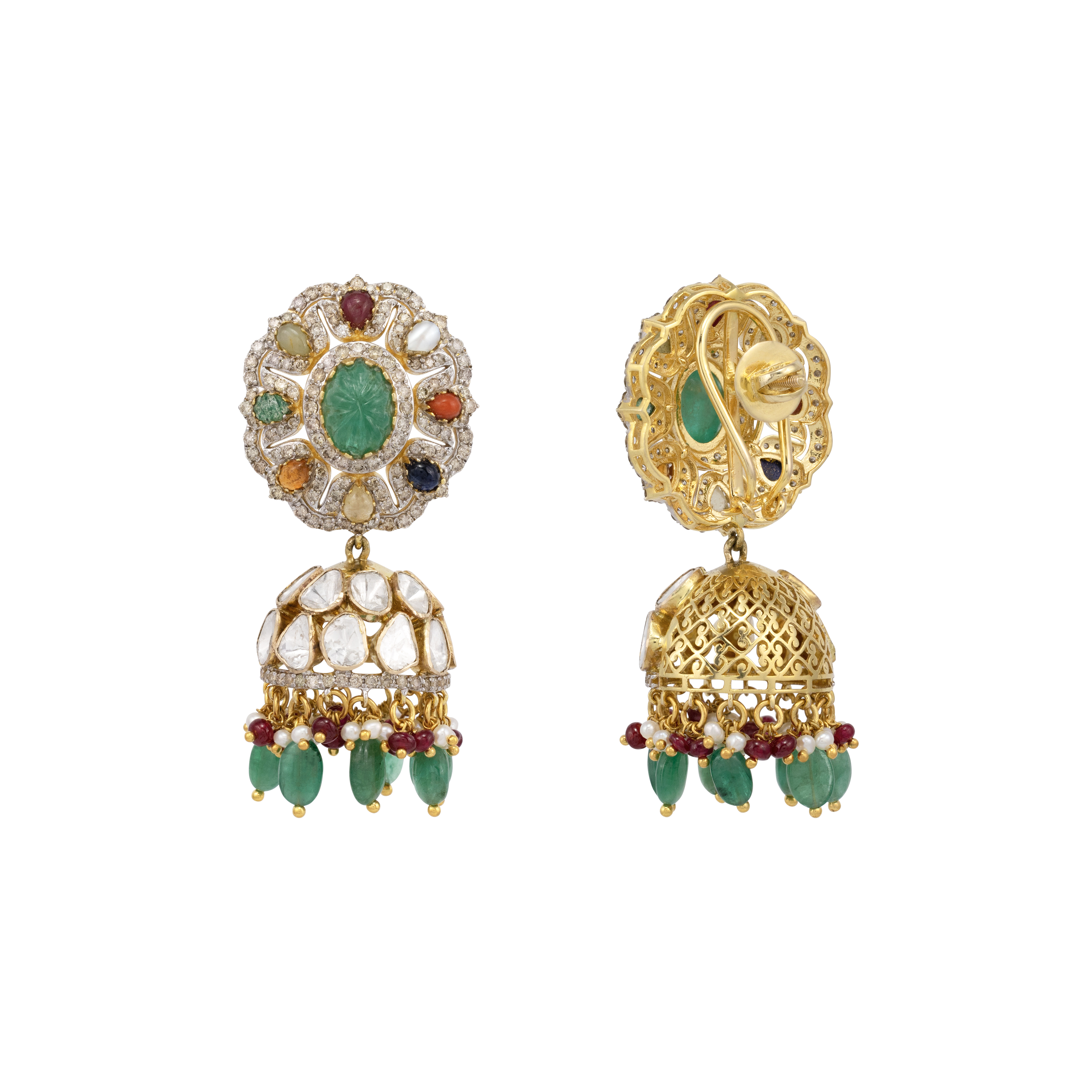 Carved Emerald Navratan Jhumki with Polki Dome
